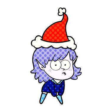 bir elf kız bakıyor ve Santa şapka giyen Crouching el çizilmiş çizgi roman tarzı illüstrasyon