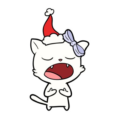 çizilmiş bir kedi Noel Baba şapkası giyen meowing, çizim için el