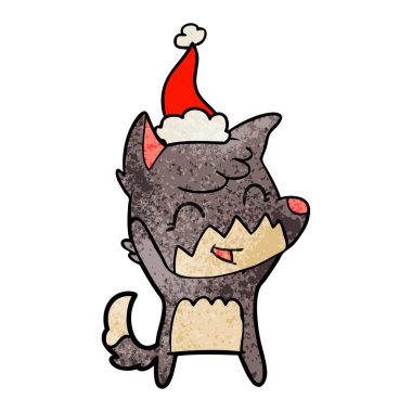 Noel Baba şapkası giyen bir tilkinin dokulu karikatür mutlu el çekilmiş