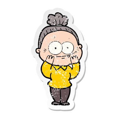 bir karikatür mutlu yaşlı kadının sıkıntılı etiket