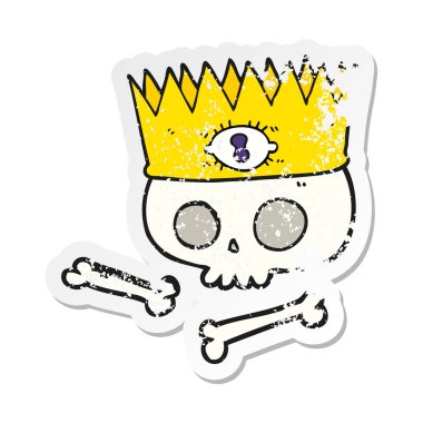 Retro etiket bir karikatür eski kafatası üzerinde sihirli taç sıkıntılı.