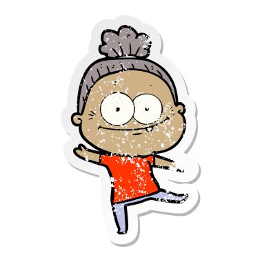 bir karikatür mutlu yaşlı kadının sıkıntılı etiket