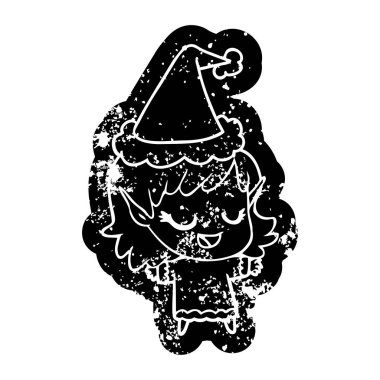 mutlu ilginç çizgi film simgesi Noel Baba şapkası giyen bir elf kızın sıkıntılı