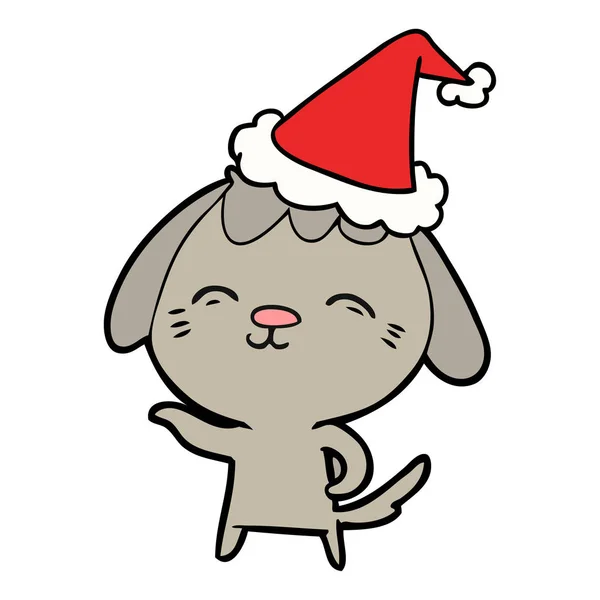 Dibujo Línea Dibujado Mano Feliz Perro Con Sombrero Santa — Vector de stock