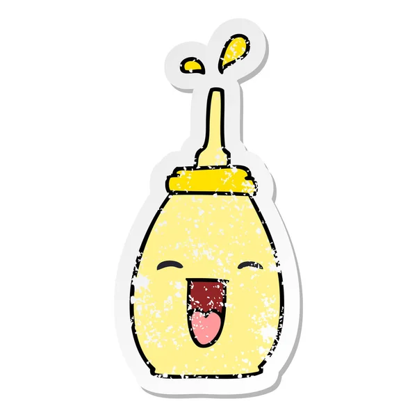 Distressed Sticker Quirky Hand Drawn Cartoon Happy Mustard — Stock Vector