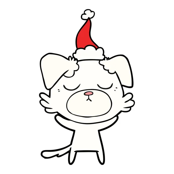 Dessin Ligne Dessiné Main Mignon Chien Portant Chapeau Père Noël — Image vectorielle