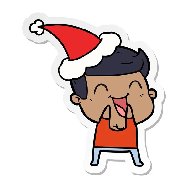Hand Drawn Sticker Cartoon Man Laughing Wearing Santa Hat — Stock Vector