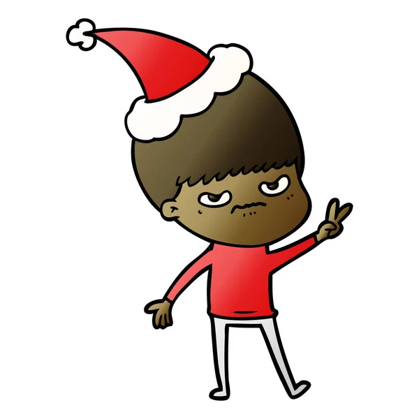 Annoyed Hand Drawn Gradient Cartoon Boy Wearing Santa Hat — Stock Vector