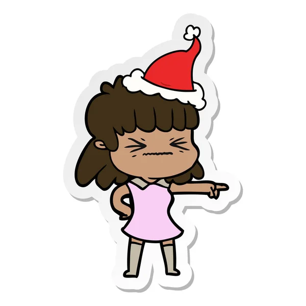 Dibujado Mano Pegatina Dibujos Animados Una Mujer Con Sombrero Santa — Vector de stock