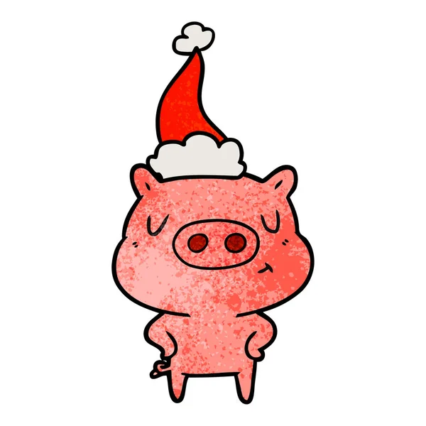 Текстурированная карикатура на содержание свиньи в шляпе Санты — стоковый вектор