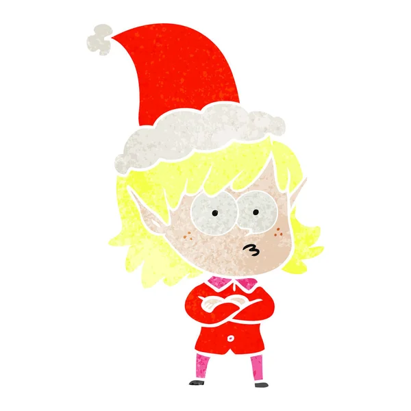 Cartone animato retrò di una ragazza elfo che fissa indossando cappello di Babbo Natale — Vettoriale Stock