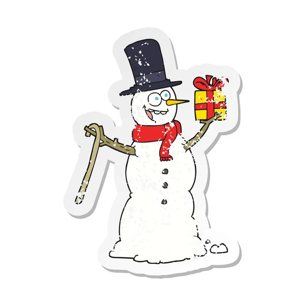 Retro Naklejki Cartoon Snowman Trzyma Obecne Trudnej Sytuacji — Wektor stockowy