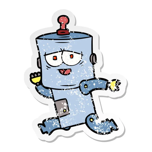 Verontruste sticker van een cartoon-robot — Stockvector