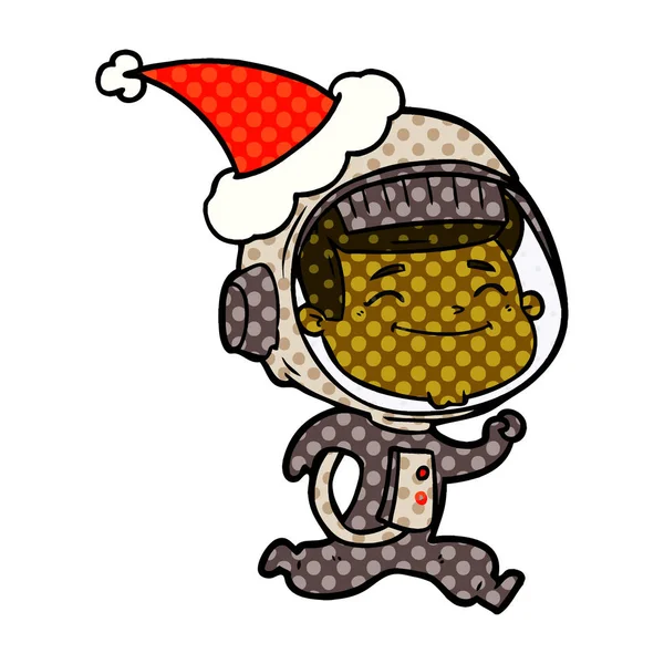 Happy Ręcznie Rysowane Komiksu Stylu Ilustracja Astronauta Kapeluszu Santa — Wektor stockowy