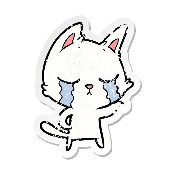 Verontruste sticker van een huilende cartoon kat — Stockvector