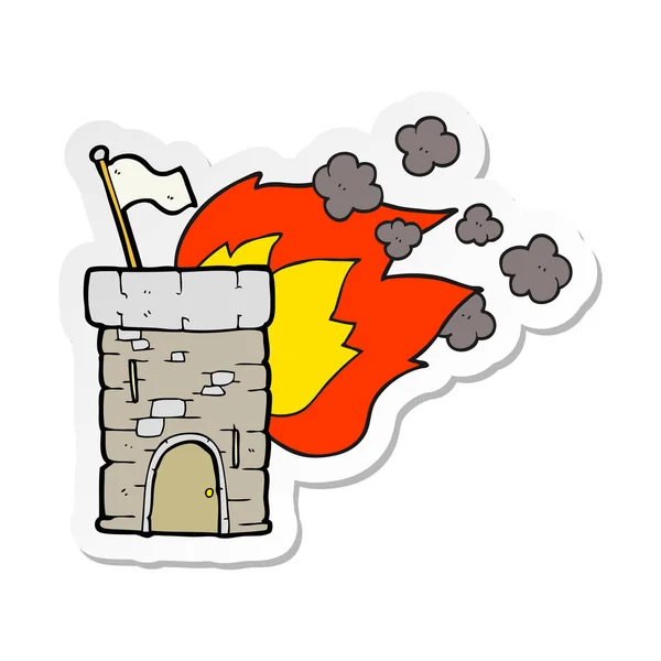 Sticker Cartoon Burning Castle Tower — Stock Vector