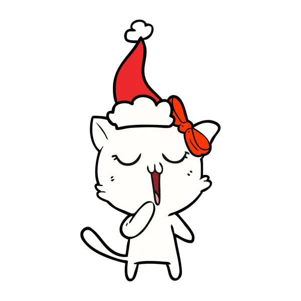 Desenho de linha de um gato usando chapéu de santa — Vetor de Stock