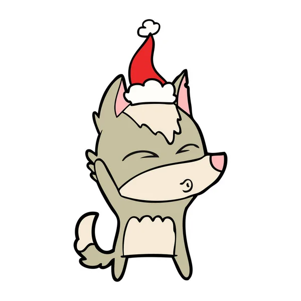 Dessin Main Loup Sifflant Portant Chapeau Père Noël — Image vectorielle