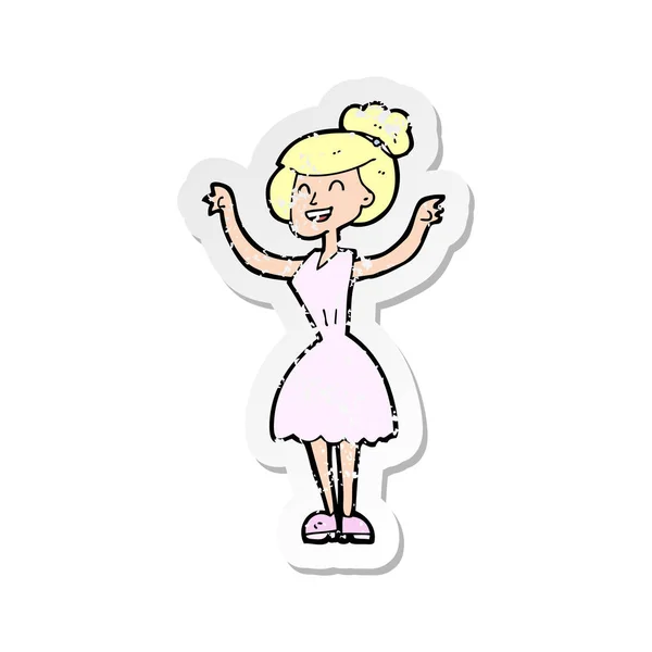 Retro Distressed Sticker Cartoon Woman Raised Arms — Stock Vector