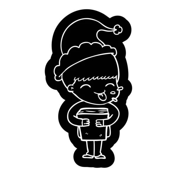 Ícone Desenho Animado Peculiar Menino Usando Chapéu Papai Noel —  Vetores de Stock