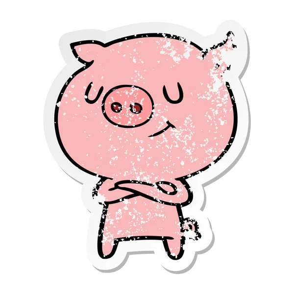 Distressed Sticker Happy Cartoon Pig — Stock Vector