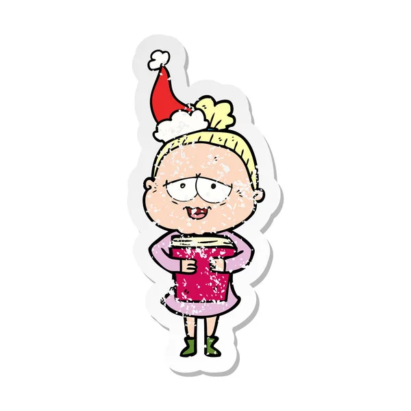 Hand Drawn Distressed Sticker Cartoon Happy Old Lady Wearing Santa — Stock Vector