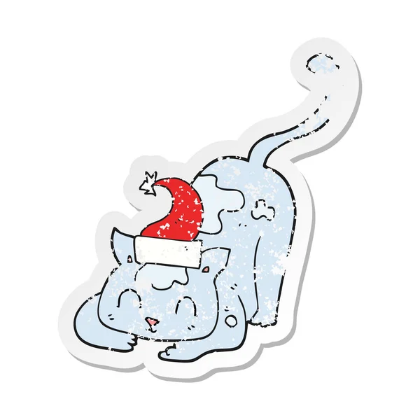 레트로 스티커 크리스마스 모자를 고양이의 — 스톡 벡터