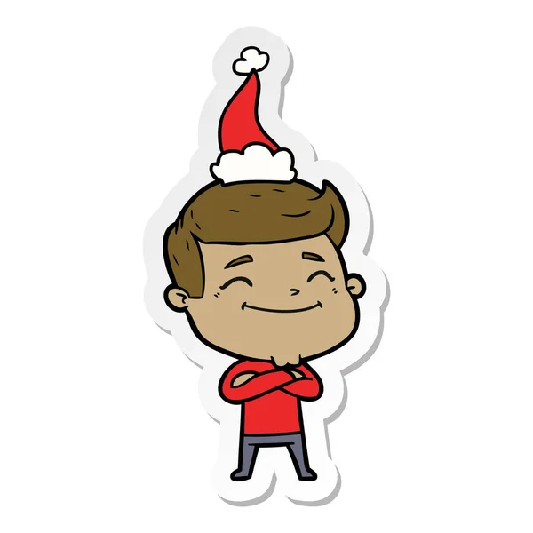 Happy Hand Drawn Stiker Cartoon Man Wear Santa Hat — стоковый вектор