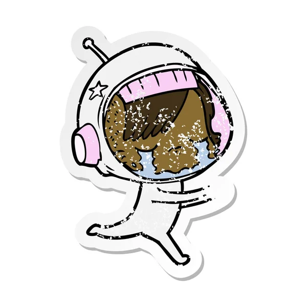 Etiqueta Angustiada Desenho Animado Chorando Astronauta Menina — Vetor de Stock