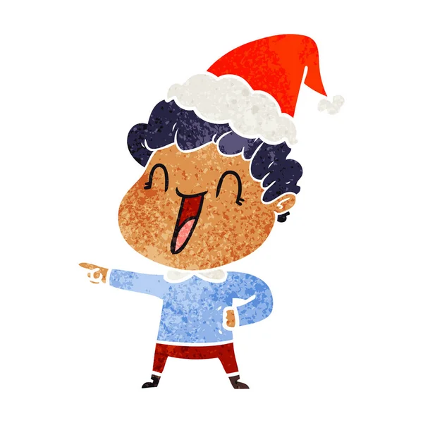 Handgezeichnete Retro Karikatur Eines Glücklichen Mannes Mit Weihnachtsmütze — Stockvektor