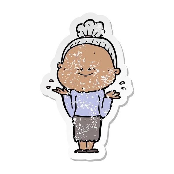 Distressed Sticker Cartoon Happy Old Woman — Stock Vector