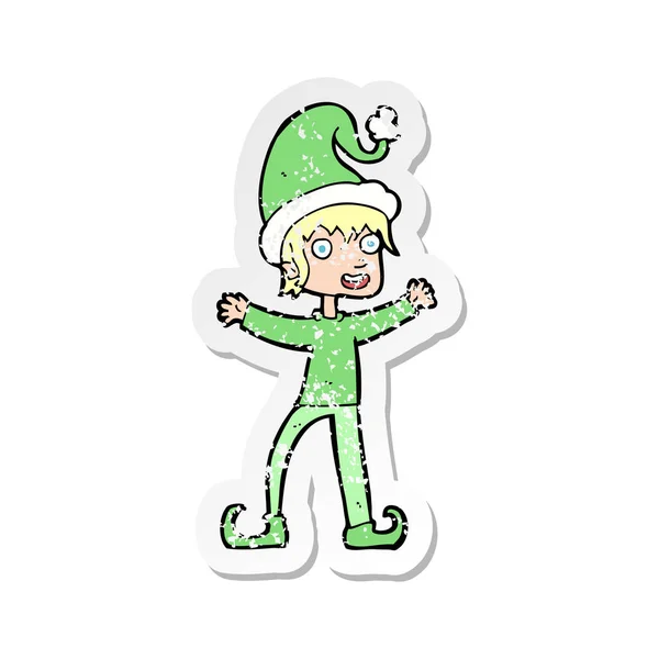 Retro Noodlijdende Sticker Van Een Cartoon Opgewonden Kerst Elf — Stockvector