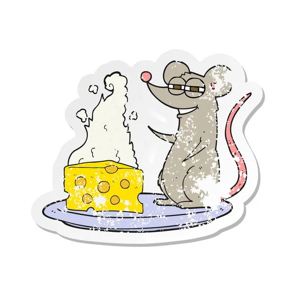 Retro-Aufkleber einer Cartoon-Maus mit Käse — Stockvektor