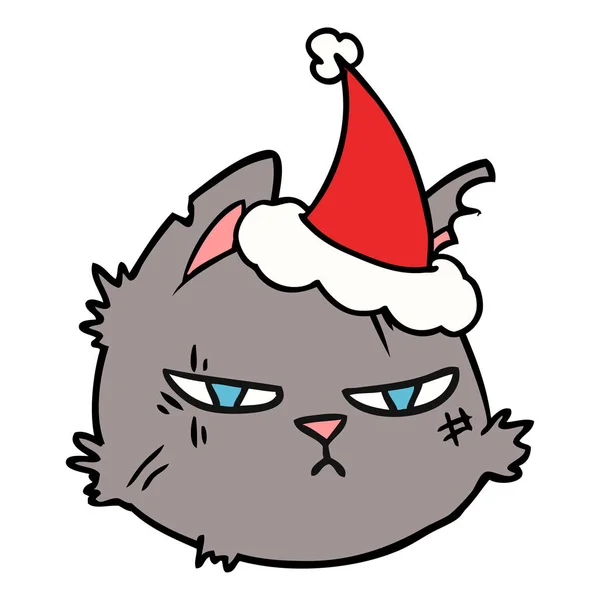 Línea de dibujo de una dura cara de gato con sombrero de santa — Archivo Imágenes Vectoriales