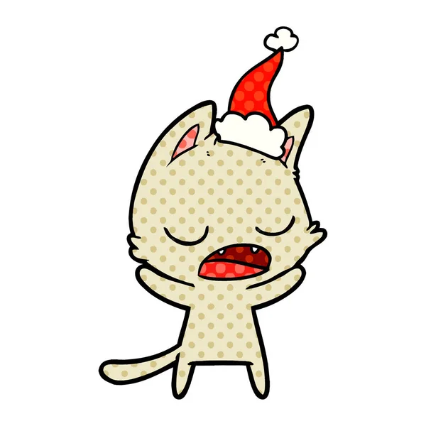 Mluvící Kočka Ručně Tažené Komiksový Styl Obrázku Nošení Čepice Santa — Stockový vektor
