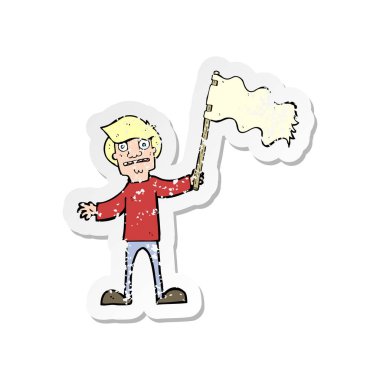 beyaz bayrak sallayarak bir çizgi film adamın Retro sıkıntılı etiket