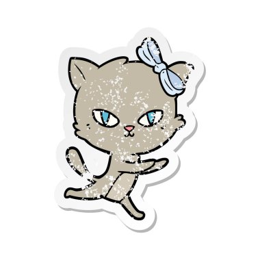 çalışan bir sevimli çizgi kedi sıkıntılı etiket