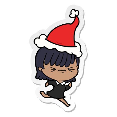 etiket karikatür Noel Baba şapkası giyen bir kız rahatsız el çekilmiş