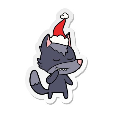 etiket karikatür Noel Baba şapkası giyen bir kurt dostu el çekilmiş