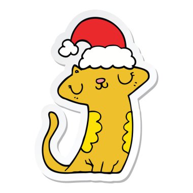 etiket Noel şapka giymiş bir sevimli çizgi kedi