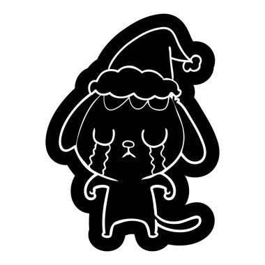 sevimli ilginç çizgi simgesini giyen Noel Baba şapkası ağlayan köpek