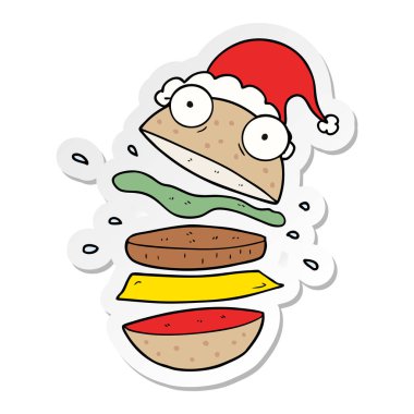 etiket karikatür Noel Baba şapkası giyen bir şaşırtıcı Burger