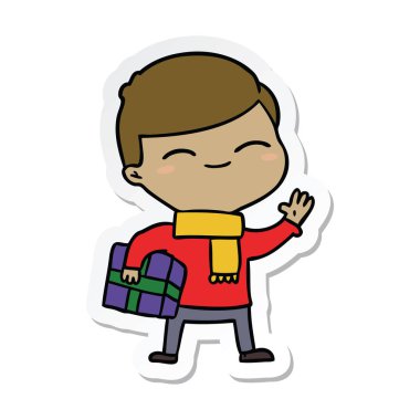 bir karikatür hediye ile boy gülümseyerek etiket