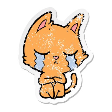 oturup ağlayan bir karikatür kedi sıkıntılı etiket