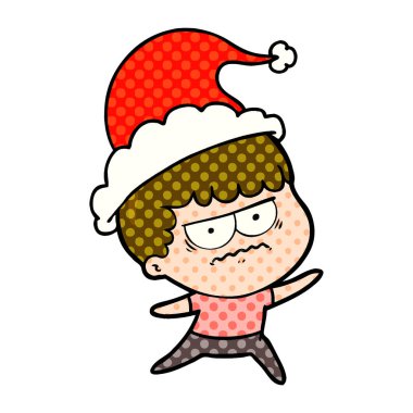 Noel Baba şapkası giyen bir rahatsız adam çizgi roman tarzı gösteren resim