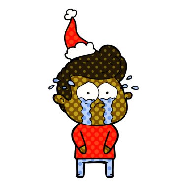 Noel Baba şapkası giyen bir ağlayan adam çizgi roman tarzı çizimi el çekilmiş