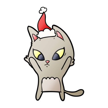 karışık el çekilmiş degrade çizgi film Noel Baba şapkası giyen bir kedi