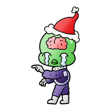 el ağlıyor ve giyen Noel Baba şapkası işaret eden bir büyük beyin yabancı degrade çizgi film çekilmiş