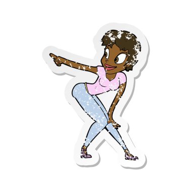 Retro sıkıntılı etiket işaret eden bir çizgi film güzel kadın