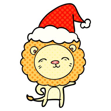 çizgi roman tarzı illüstrasyon santa şapka aslan el çekilmiş